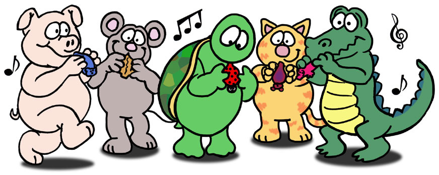 Illustration of cartoon animals playing ocarinas